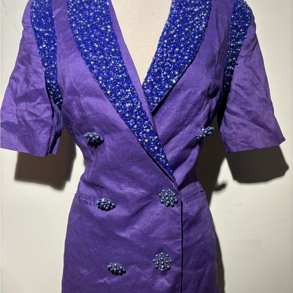 Purple Double-Breasted Blazer with Beaded Accents